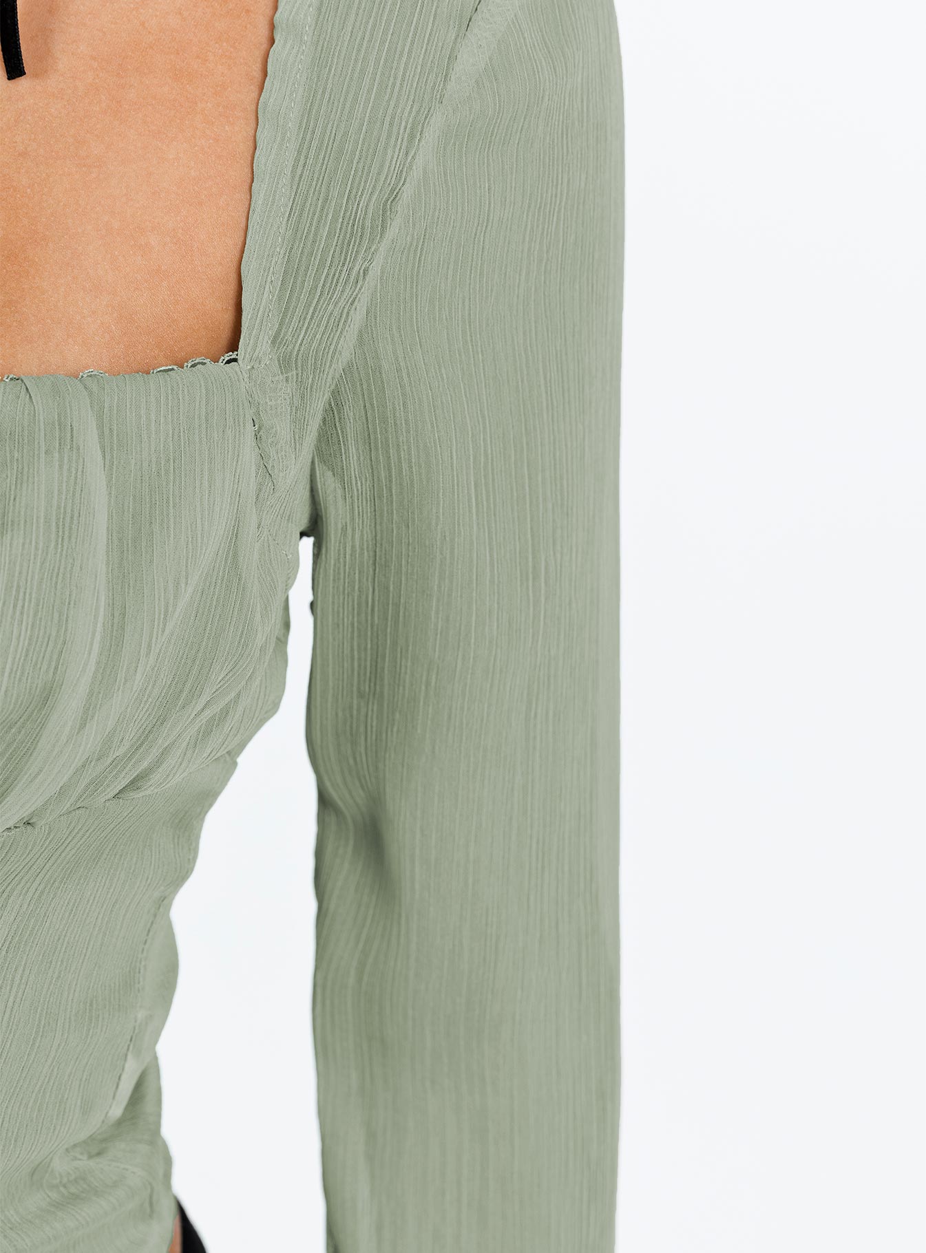 Front view of model wearing  front Princess Polly Full Sleeves Square Neck  Rinnie Long Sleeve Top Green