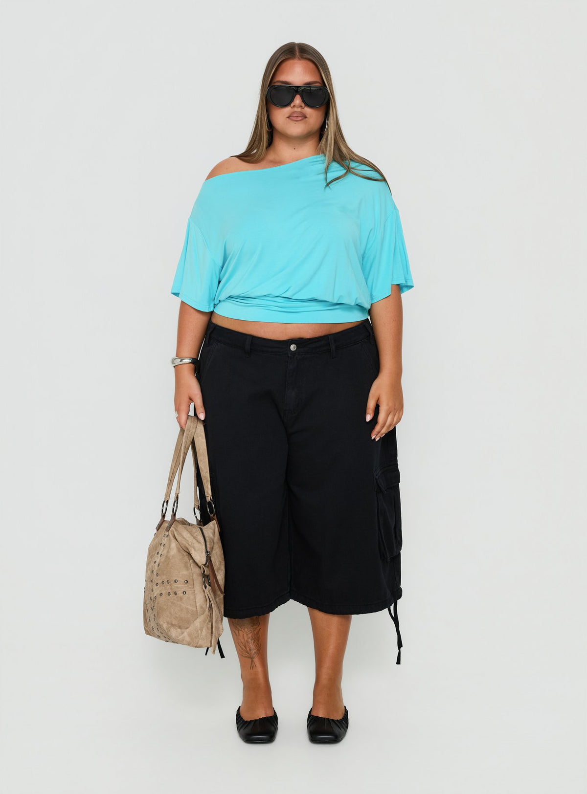 Ashlinn Off Shoulder Drapey Top Turquoise Curve
