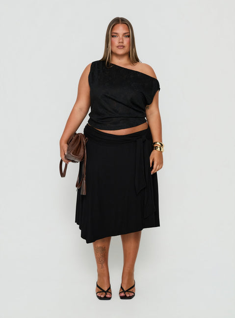 Soft Focus Tie Waist Midi Skirt Black Curve