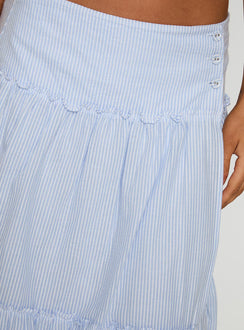 back view of model wearing Princess Polly Cascades Low Rise Midi Skirt Blue / White Stripe Midi Skirts 
