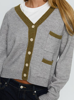 front view of model wearing Princess Polly Atira Contrast Knit Cardigan Grey Cropped 