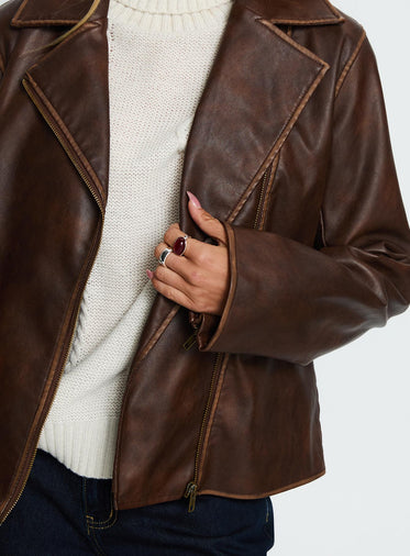Vyolette Faux Leather Collared Jacket Washed Brown