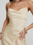 front view of model wearing Princess Polly Esti Maxi Dress Champagne Cowl Neck 