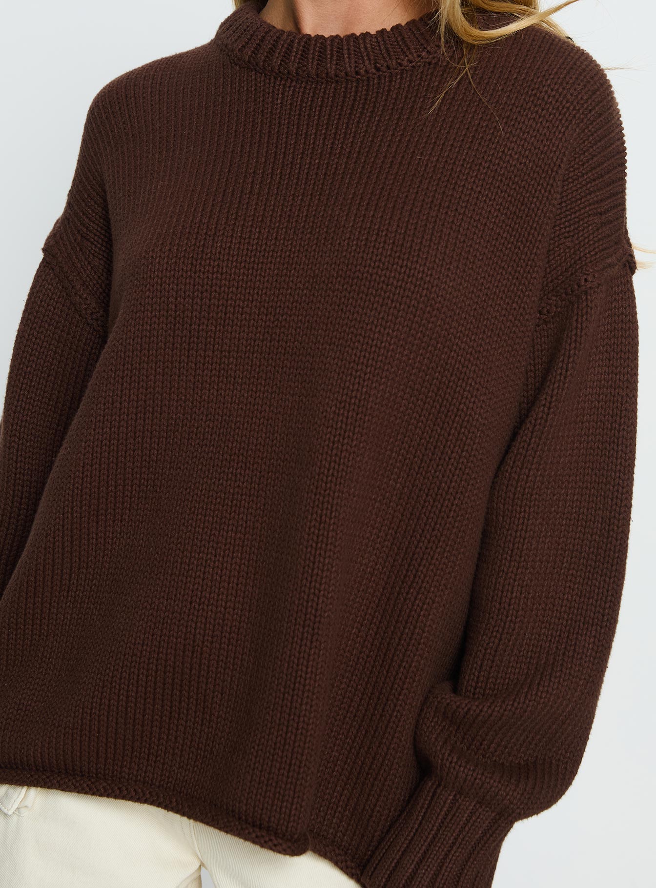back view of model wearing Princess Polly Wilda Crew Neck Knit Sweater Brown Longline Jumpers 