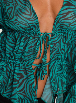 back view of model wearing Princess Polly Holidaze Long Sleeve Top Zebra Full Sleeves Plunger 