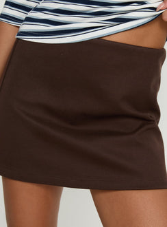 back view of model wearing Princess Polly Dinnie Faux Suede Mini Skirt Brown Mini Skirts 
