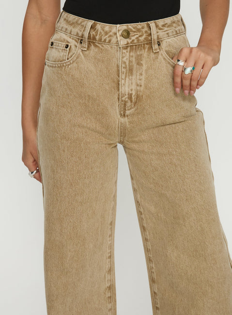 back view of model wearing Princess Polly Goldie High Rise Wide Leg Jeans Tan High Rise Jeans 
