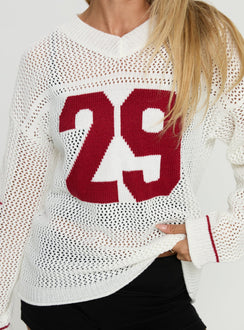 back view of model wearing Princess Polly Korrin V Neck Graphic Knit Sweater White 