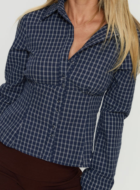 Cottesloe Long Sleeve Blouse Top Navy Check