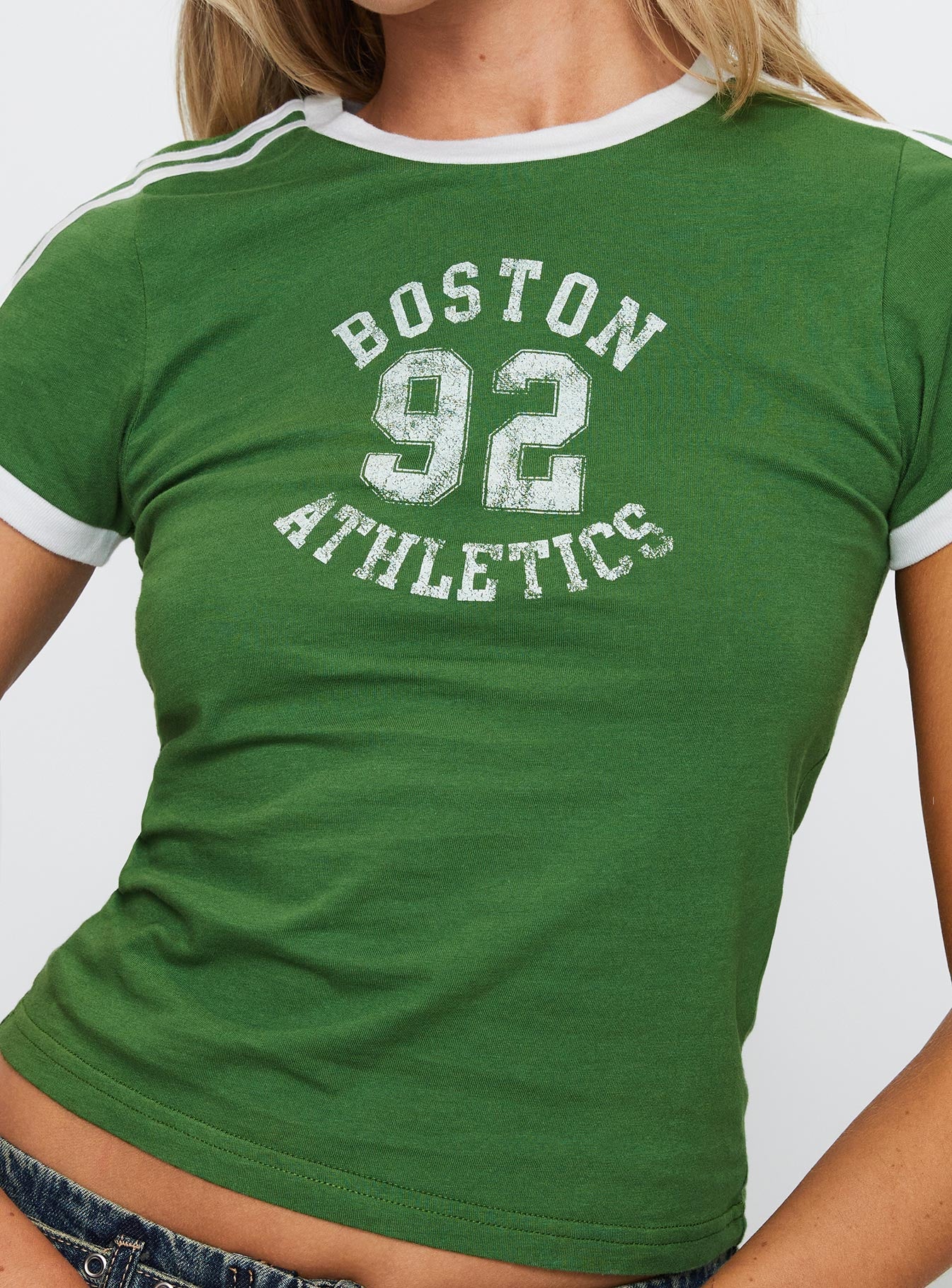 back view of model wearing Princess Polly Boston Athletics Top Green Short Sleeves Crew Neck 