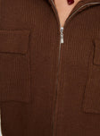 Knit sweater High neck, twin chest pockets, ribbed cuff & hem, zip fastening at front Good stretch, unlined 