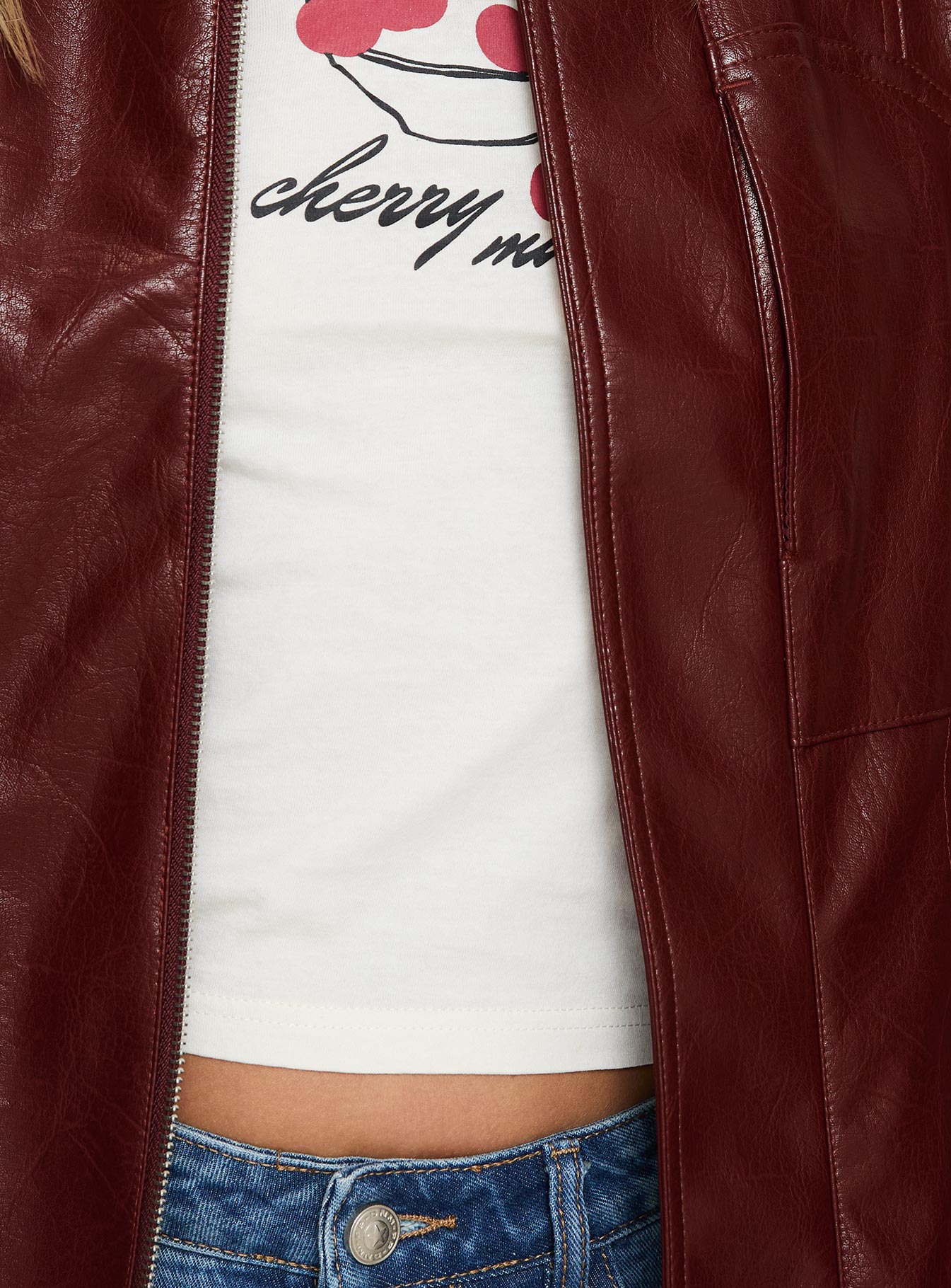 Burgundy Faux Leather jacket Oversized fit, zip fastening at front, classic collar, twin hip pockets, elasticated waistband