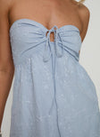 back view of model wearing Princess Polly Rosenberg Strapless Mini Dress Blue Sweetheart Neckline 