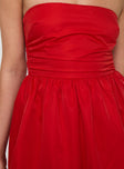 Front view of model wearing  front Princess Polly Straight Neck  Crotoy Strapless Bubble Hem Mini Dress Red