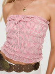 pink Strapless top Gingham print, elasticated bust, tie detail