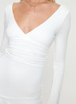 back view of model wearing Princess Polly Sybella Long Sleeve Mini Dress White V-Neck 