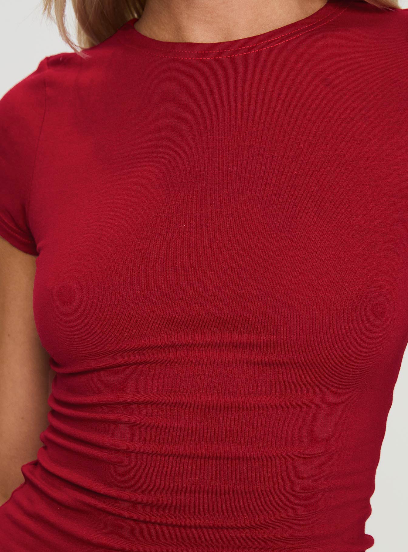 back view of model wearing Princess Polly Lex Mini Dress Red Crew Neck 