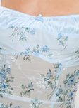 Blue Crop top Floral print, satin material look lining bust & straps, fixed elasticated straps, invisible zip fastening