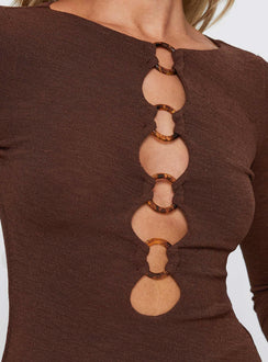 back view of model wearing Princess Polly Dejonge Ring Mini Dress Brown Crew Neck 