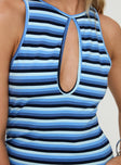 back view of model wearing Princess Polly Kingsbridge Top Blue Stripe Sleeveless Crew Neck 