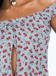 Top Floral print Off the shoulder design Tie fastening at bust Invisible zip fastening at side Split hem