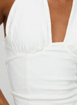 Halter neck top Twist bust tie fastening at back of neck, invisible zip fastening at side Good stretch, fully lined