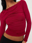 Front view of model wearing  front Princess Polly Full Sleeves Asymmetric Neckline  Spiller Off The Shoulder Top Burgundy