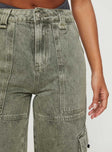 Front view of model wearing  front Princess Polly High Waisted  Making History Cargo Jeans Olive