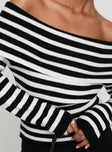 back view of model wearing Princess Polly Danyel Off The Shoulder Sweater Black / White Stripe Long 