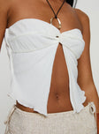 Strapless top Plisse material, pinched bust detail, split hem Good stretch, lined bust Princess Polly Lower Impact 