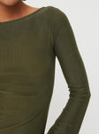 Olive Long sleeve mini dress Mesh material, high neckline, low back, flared sleeves, raw edge hem