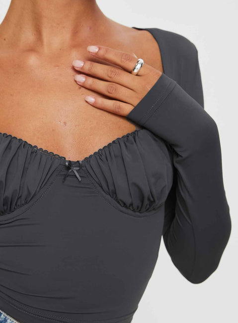 Front view of model wearing  front Princess Polly Full Sleeves Sweetheart  Candyce Long Sleeve Top Slate