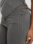 back view of model wearing Princess Polly Calexico Buckle Pant Grey Pinstripe High Waisted Pants 