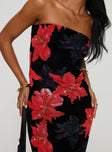 back view of model wearing Princess Polly Celik Strapless Maxi Dress Black / Floral Straight Neck 