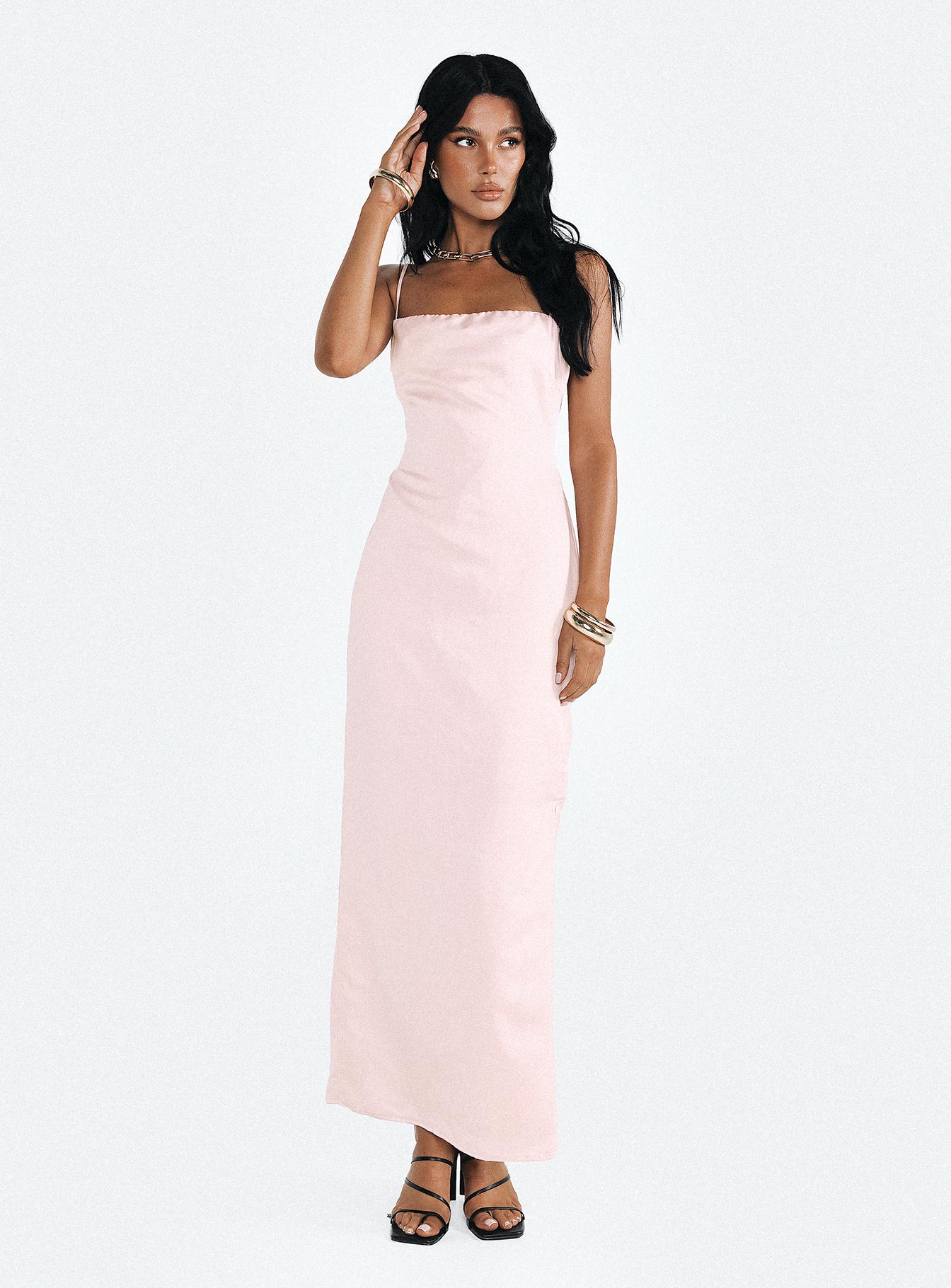 Front view of model wearing  front Princess Polly Crew Neck  Emry Maxi Dress Pink
