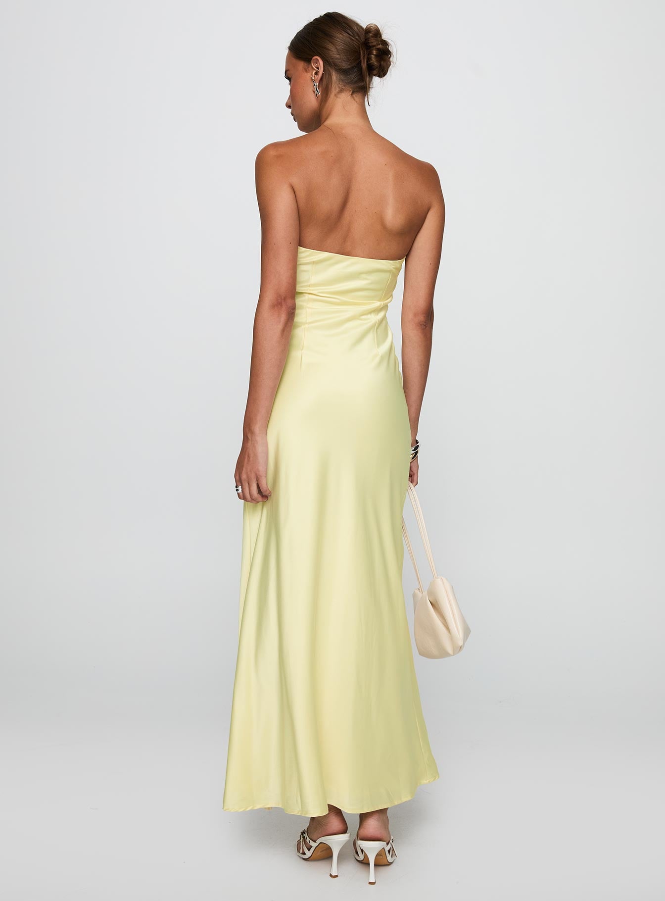 back view of model wearing Princess Polly Chevalier Strapless Maxi Dress Lemon Sweetheart Neckline 
