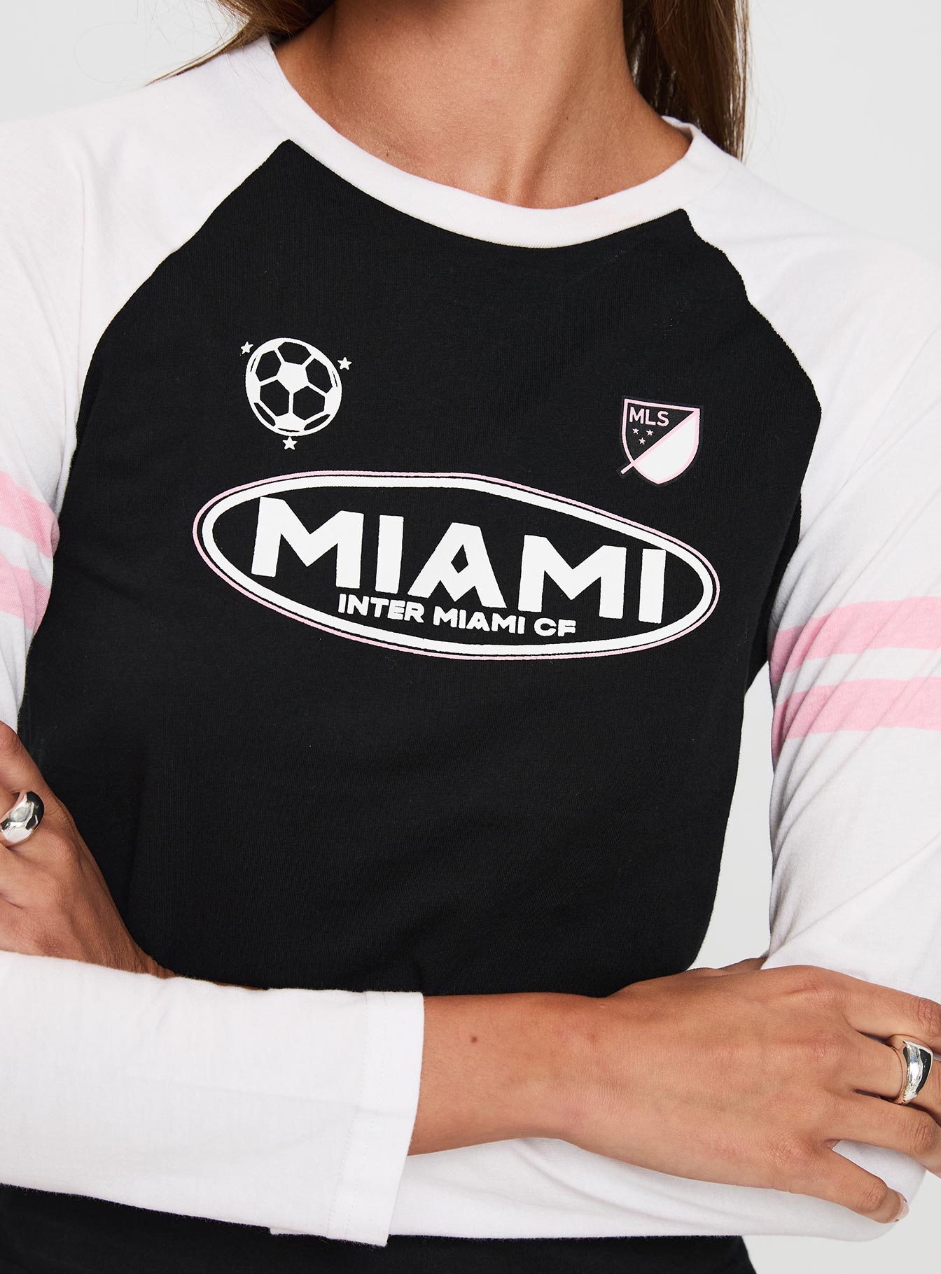 back view of model wearing Princess Polly Inter Miami Cf MLS Long Sleeve Black Full Sleeves Crew Neck 