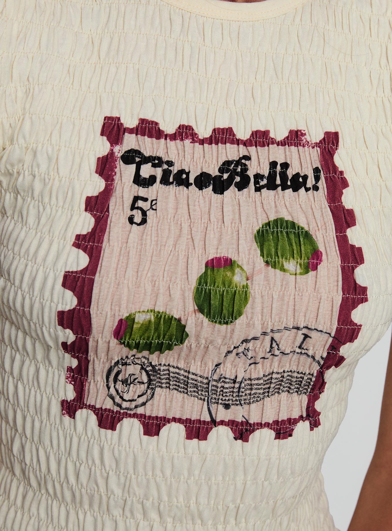 product Princess Polly Ciao Bella Shirred Graphic Top Cream Short Sleeves Crew Neck 