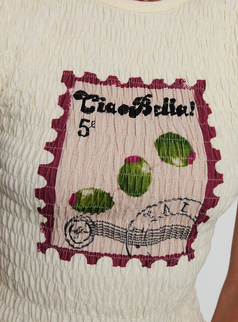 product Princess Polly Ciao Bella Shirred Graphic Top Cream Short Sleeves Crew Neck 
