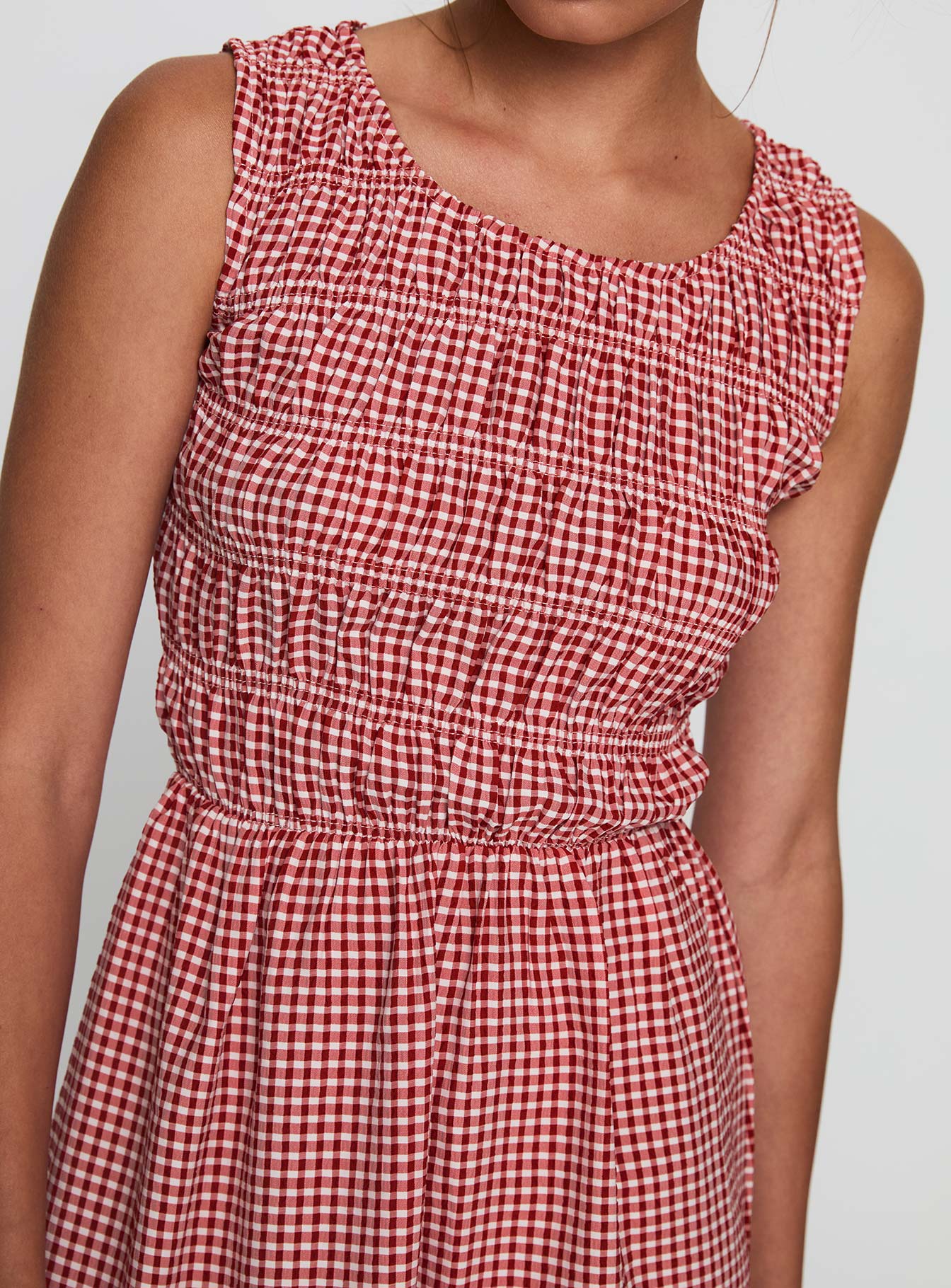front view of model wearing Princess Polly Winxie Shirred Mini Dress Red Gingham Scoop Neck 