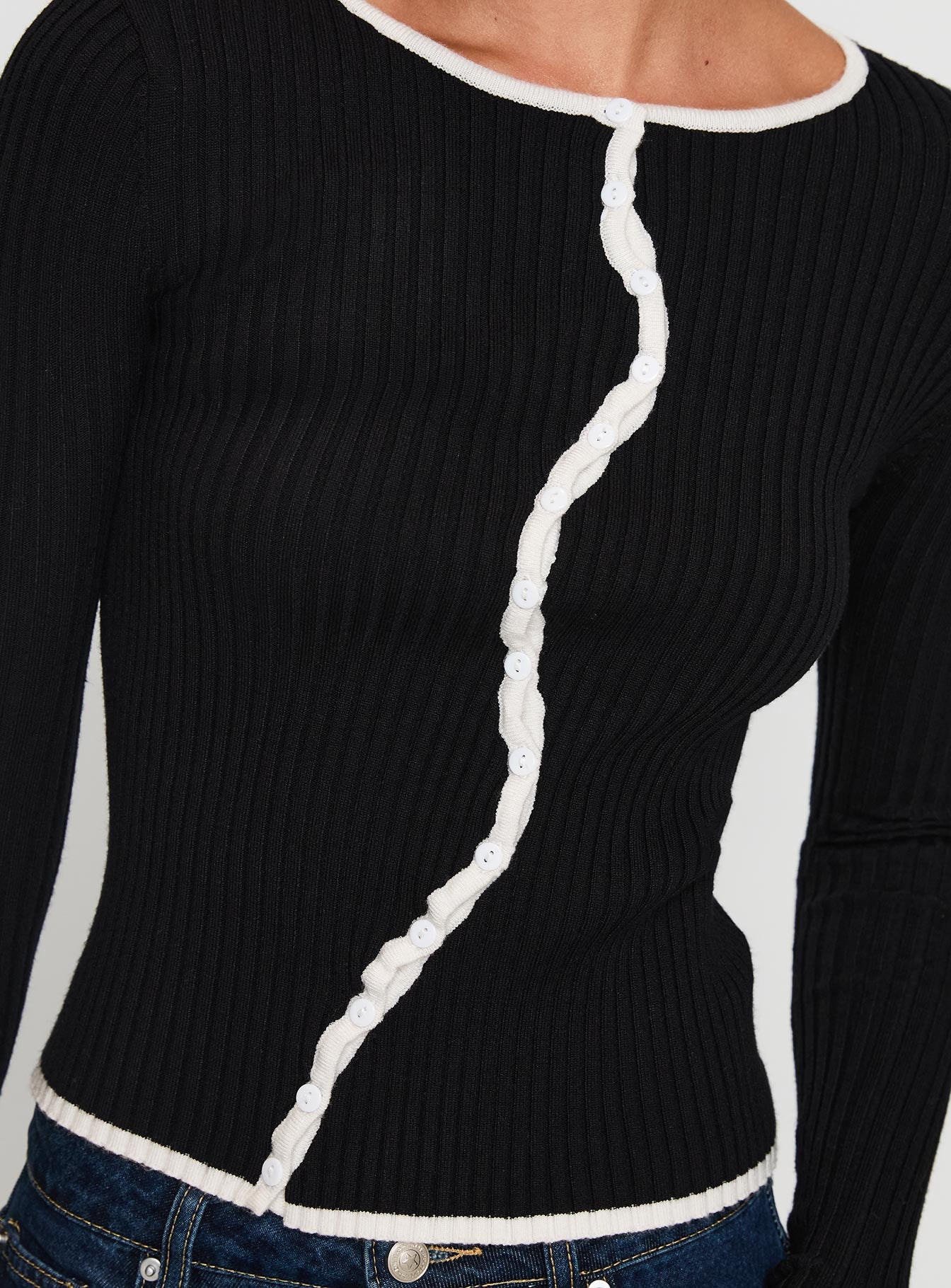 back view of model wearing Princess Polly Bring Me Closer Button Up Long Sleeve Top Black / White Full Sleeves Crew Neck 