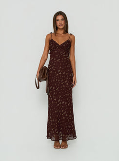 Morcar Frill V Neck Maxi Dress Brown / Yellow Floral