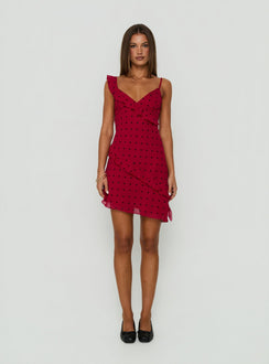 Our Love Frill Detail Mini Dress Red Polka Dot