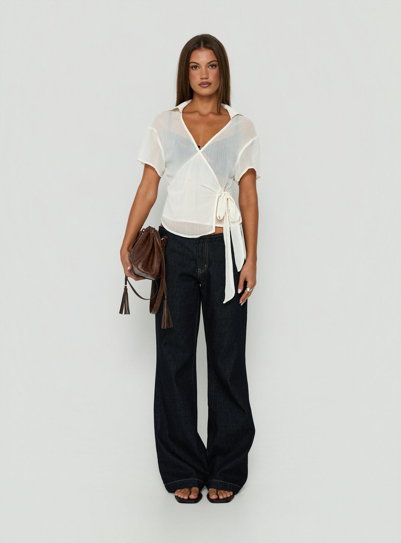 Myaa Chiffon Collared Short Sleeve Wrap Top Cream