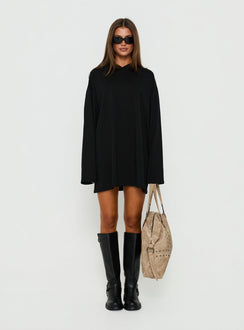 Settle Down Long Sleeve V Neck Mini Dress Black