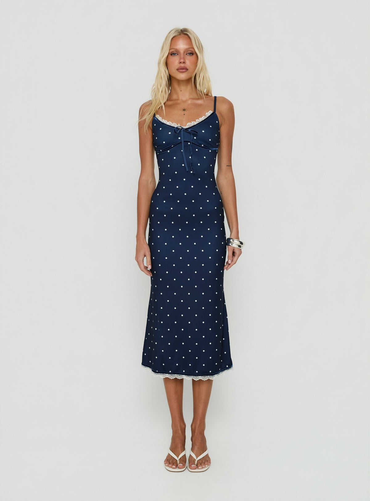 Delaney V Neck Frill Midi Dress Navy / White Polka
