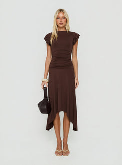 Florra Ruched Short Sleeve Midi Dress Brown