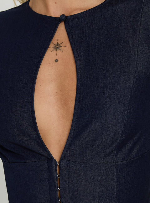 Hazalie Keyhole Detail Cap Sleeve Top Blue Denim