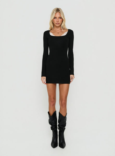 Orlla Square Neck Lace Detail Long Sleeve Mini Dress Black