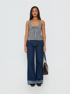 Puzzle Pieces Tie Detail Halter Top Black / White Gingham